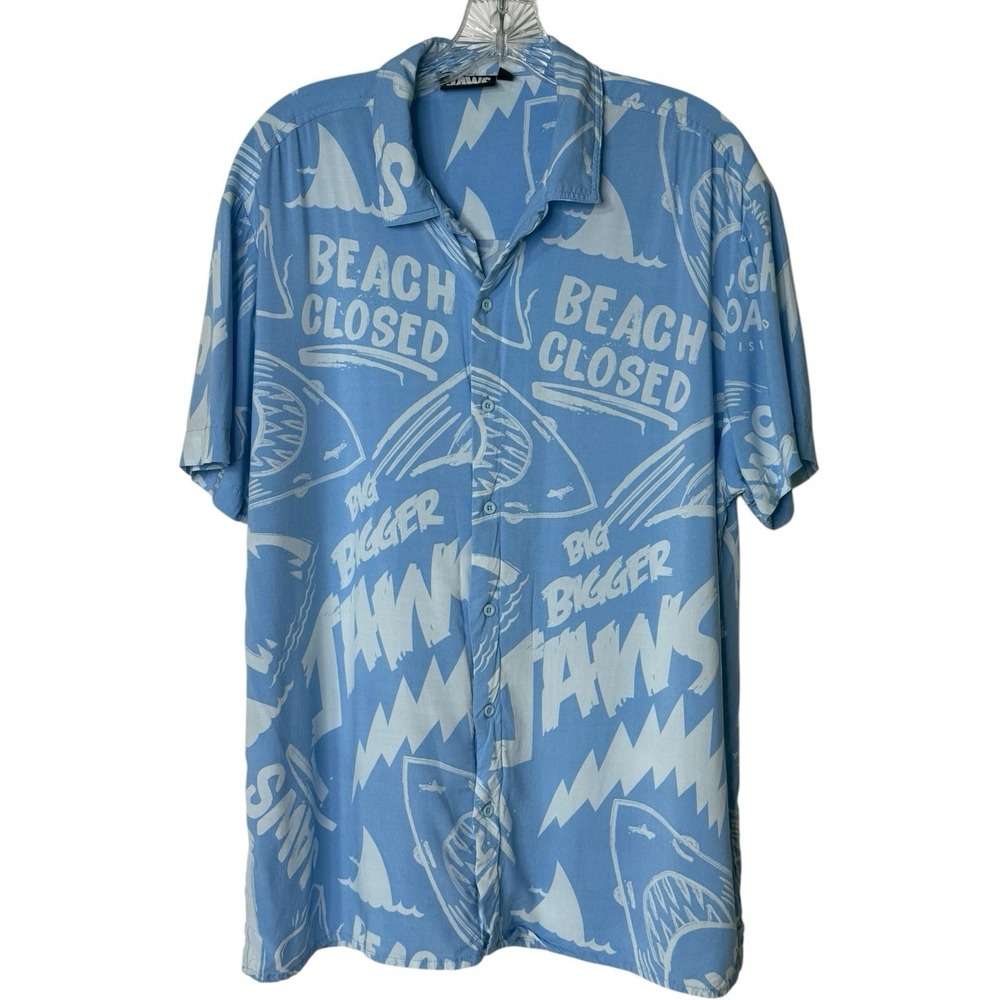 Jaws Movie Shirt XL Blue Shark All Over Print Horror‎ Hawaiian Camp Beach Closed